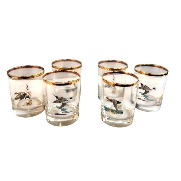 Culver Ned Smith 22k Gold Rim Duck Waterfowl Double Old-Fashioned Glasses Set Of - Picture 2 of 16